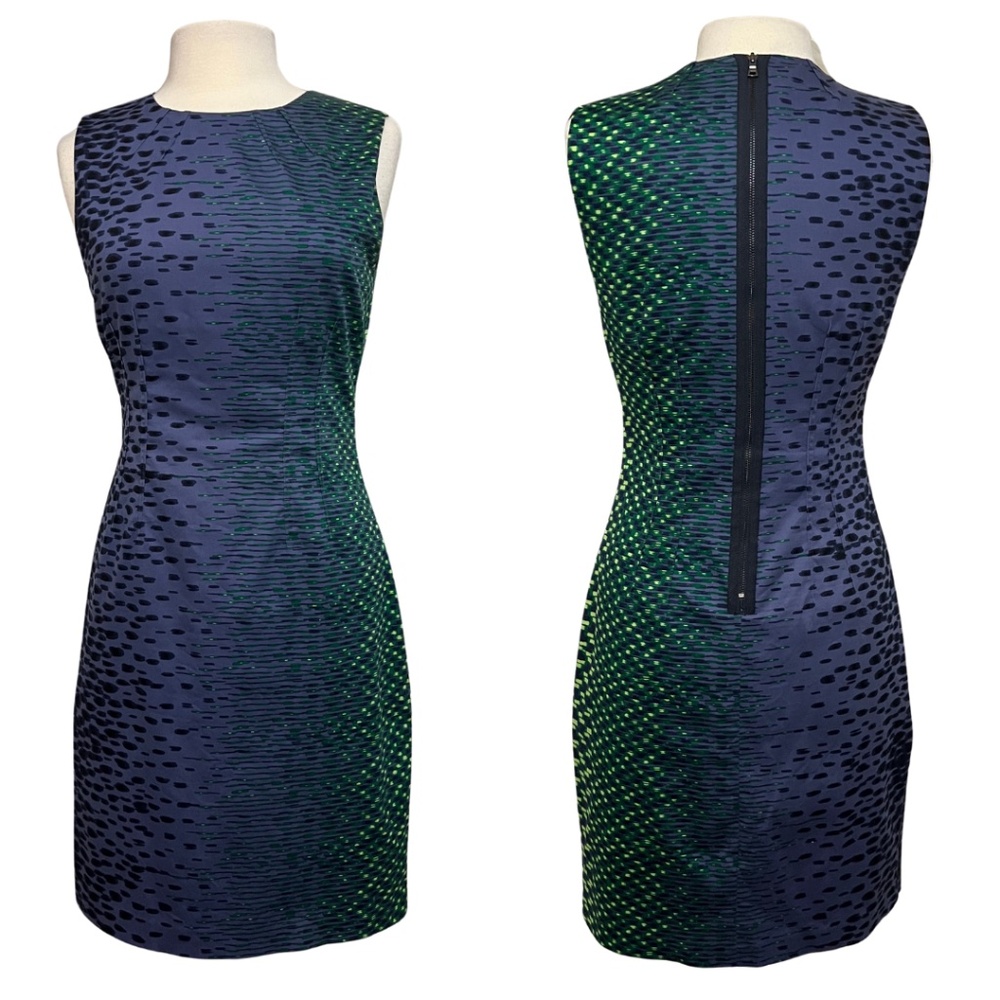 T Tahari Dress S 8 Purple, Blue, Navy, Green Sheath Patterned Professional Work